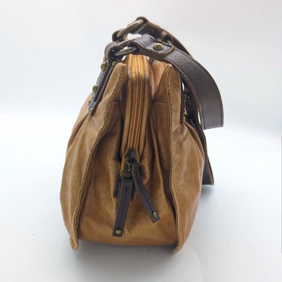 Ellington Tan Leather Double Handle Satchel Bag Soft Sided Zip Close - Picture 3 of 9